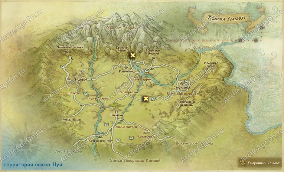 Карта досок объявлений в холмах Лилиот в ArcheAge