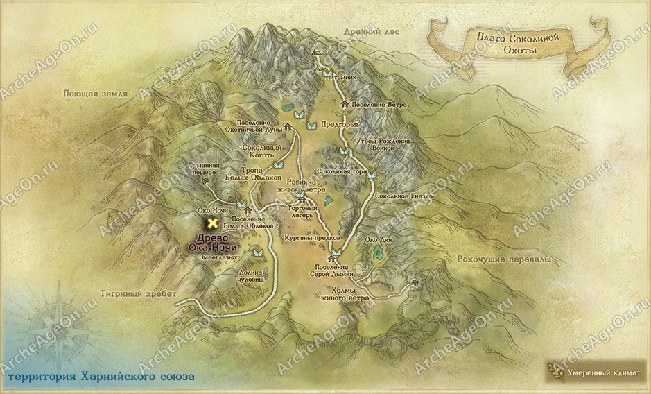 Священное древо Ока Ночи в плато Соколиной Охоты в ArcheAge (карта)