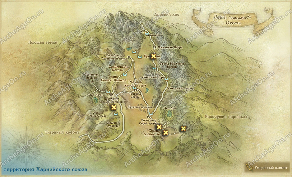 Карта досок объявлений в плато Соколиной Охоты ArcheAge