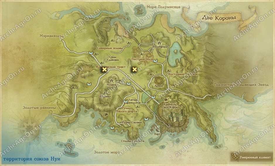 Карта досок объявлений Двух Корон в ArcheAge