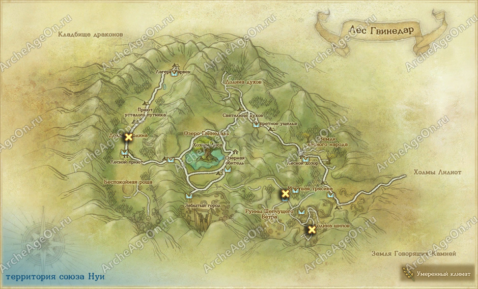 Карта досок объявлений в лесу Гвинедар в ArcheAge