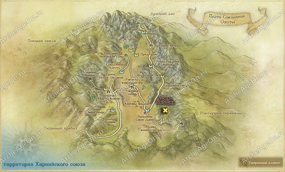 Священное древо Ока Дня в плато Соколиной Охоты в ArcheAge (карта)