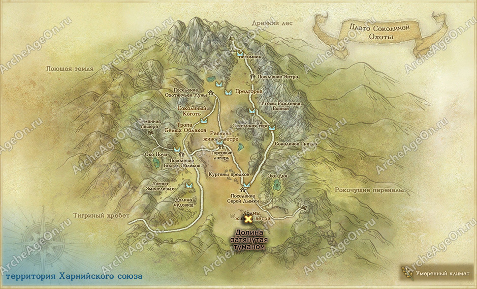 Затянутая туманом долина с высоты в плато Соколиной Охоты в ArcheAge (карта)