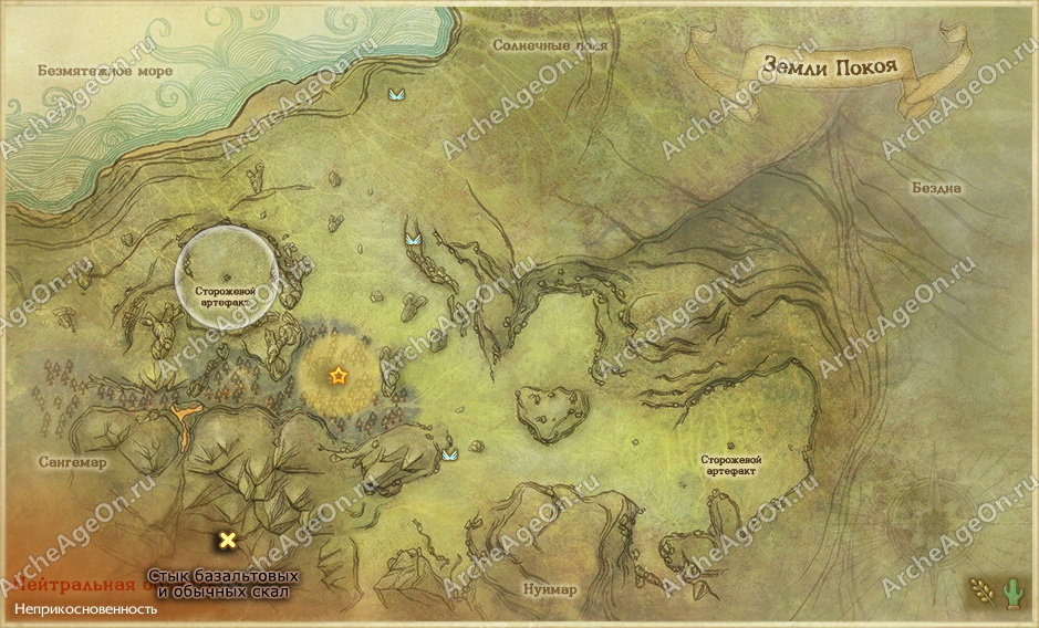 Стык базальтовых и обычных скал в землях Покоя в ArcheAge (карта)