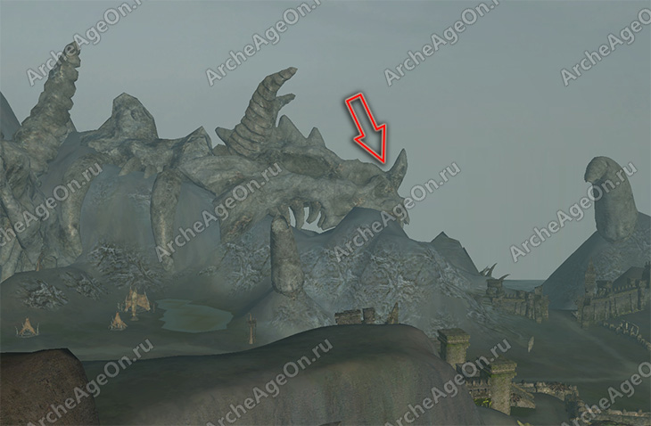 Забраться на ро, венчавший голову дракона на Кладбище драконов в Архейдж
