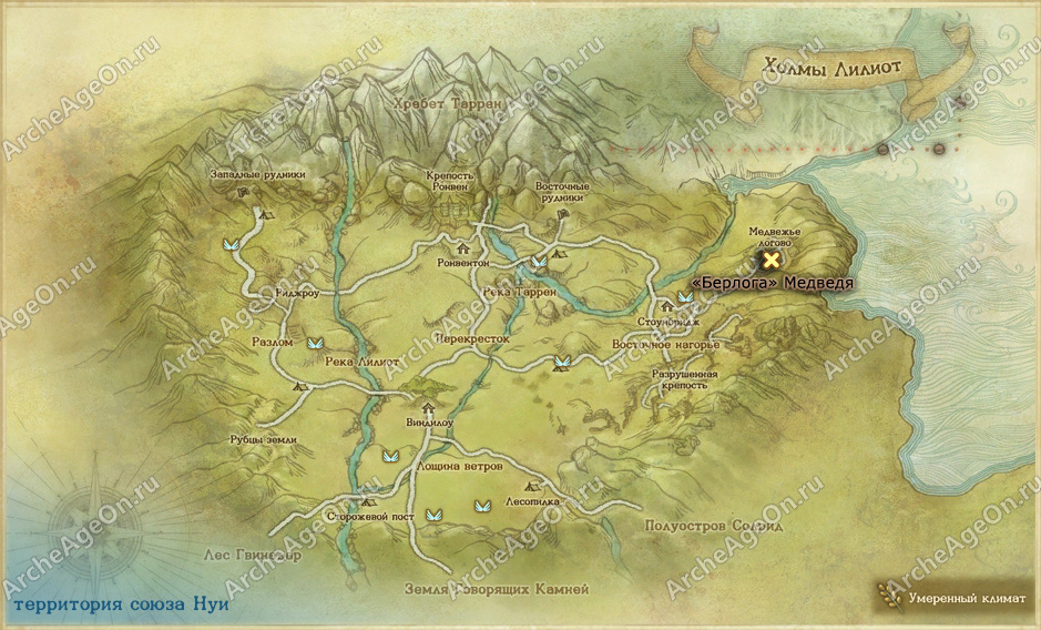 Берлога медведя на холмах Лилиот в ArcheAge (карта)