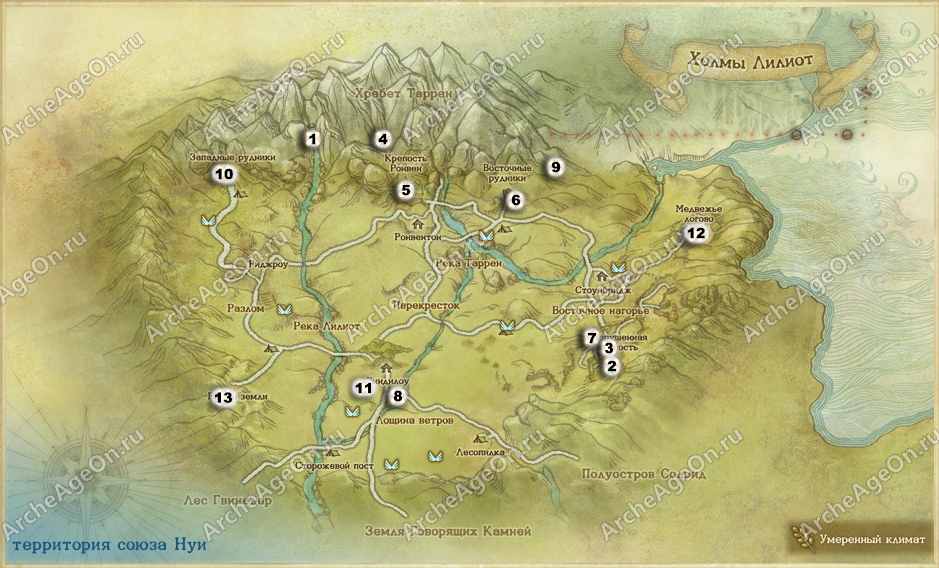 Карта достижений-исследований в холмах Лилиот в ArcheAge