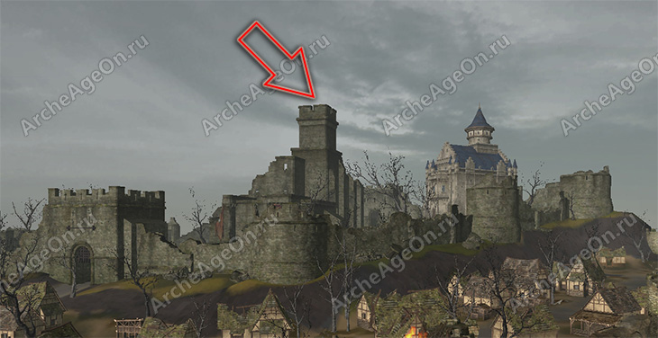 Осмотреть сожженную крепость с вершины башни на полуострове Падающих Звезд в Архейдж