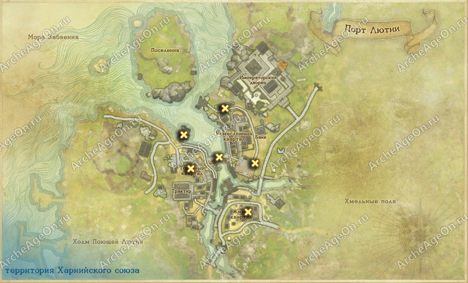 Карта местоположения ночной рассказчицы в порту Лютни в ArcheAge
