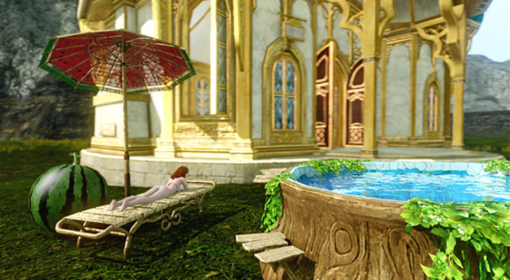 Пляжный зонт арбузной расцветки и бамбуковая циновка в ArcheAge