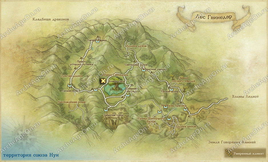 Общественный питомник в лесу Гвинедар в ArcheAge (карта)